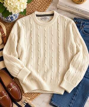 Vintage John Ashford Cream Cable Knit Sweater 100% Cotton Ivory Crewneck